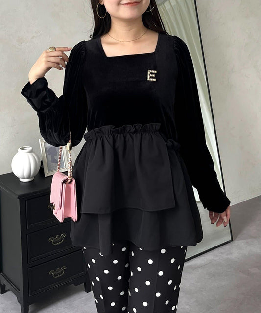 不對稱荷葉邊下襬天鵝絨短上衣