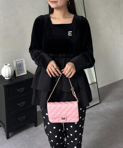 不對稱荷葉邊下襬天鵝絨短上衣