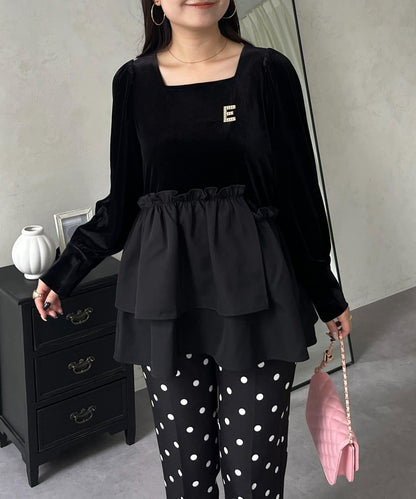 不對稱荷葉邊下襬天鵝絨短上衣