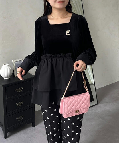 不對稱荷葉邊下襬天鵝絨短上衣