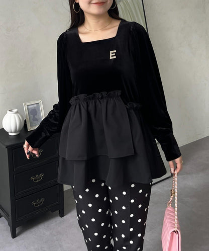 不對稱荷葉邊下襬天鵝絨短上衣