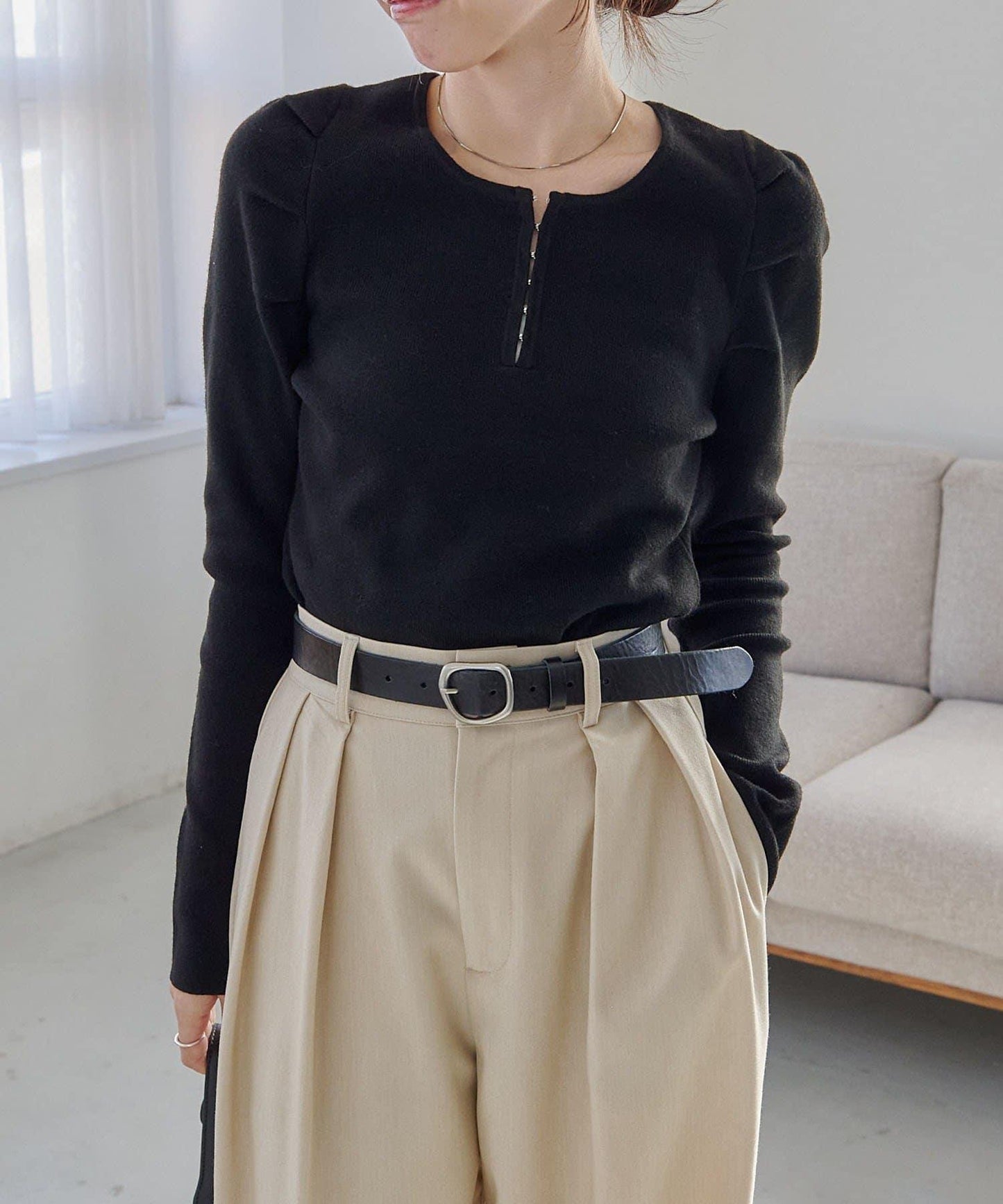 扣袢亨利領蓬鬆針織衫