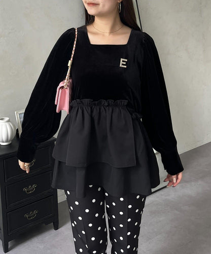 不對稱荷葉邊下襬天鵝絨短上衣