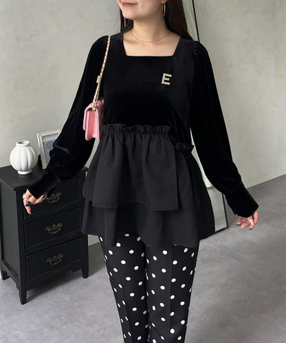 不對稱荷葉邊下襬天鵝絨短上衣