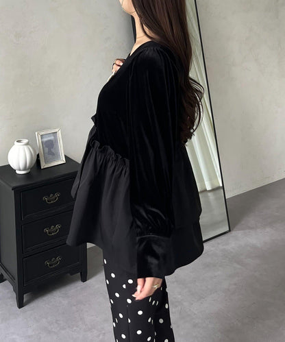 不對稱荷葉邊下襬天鵝絨短上衣