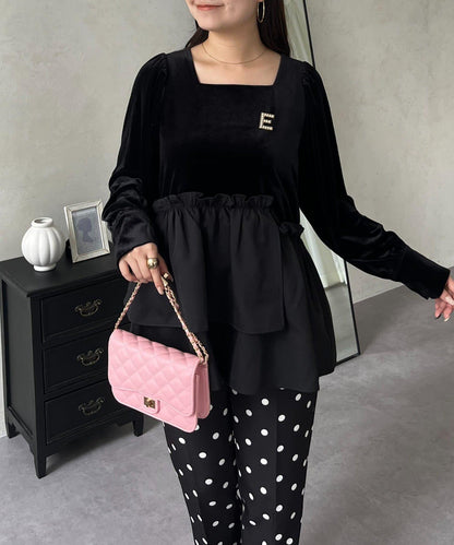 不對稱荷葉邊下襬天鵝絨短上衣