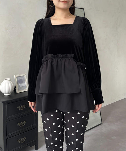 不對稱荷葉邊下襬天鵝絨短上衣