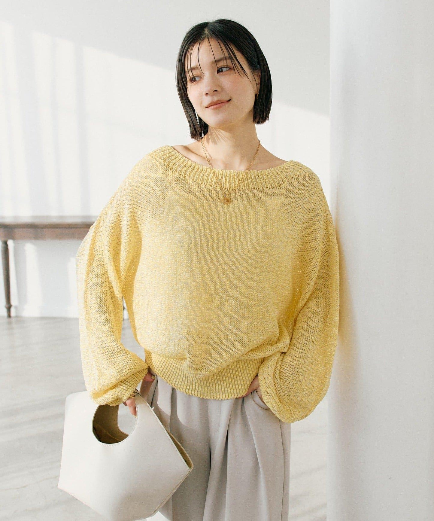 【可單肩或一字肩穿著！】混紡紙紗針織衫