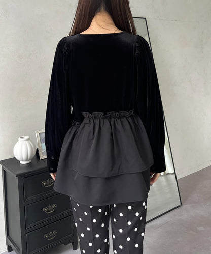 不對稱荷葉邊下襬天鵝絨短上衣