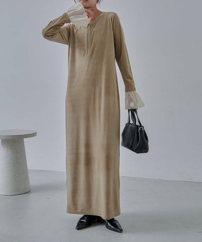 【有小個子尺碼】喇叭袖天鵝絨連衣裙