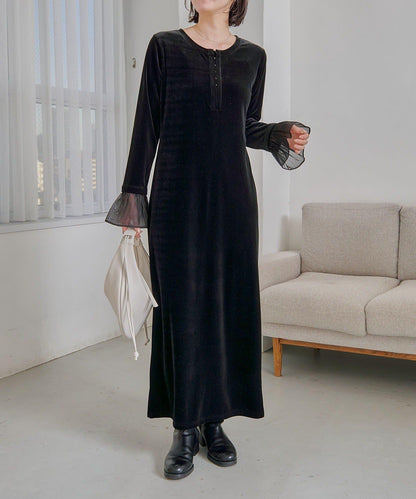 【有小個子尺碼】喇叭袖天鵝絨連衣裙