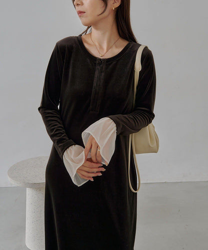 【有小個子尺碼】喇叭袖天鵝絨連衣裙