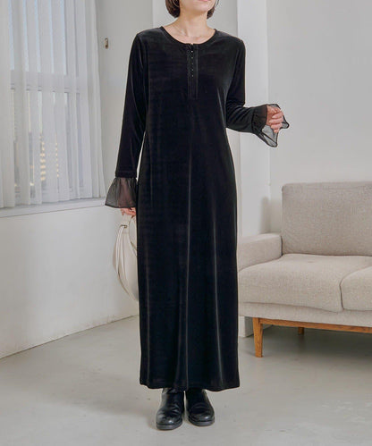 【有小個子尺碼】喇叭袖天鵝絨連衣裙