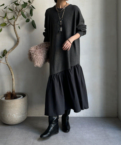 異材質拼接針織連衣裙