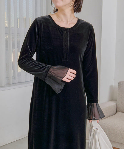 【有小個子尺碼】喇叭袖天鵝絨連衣裙