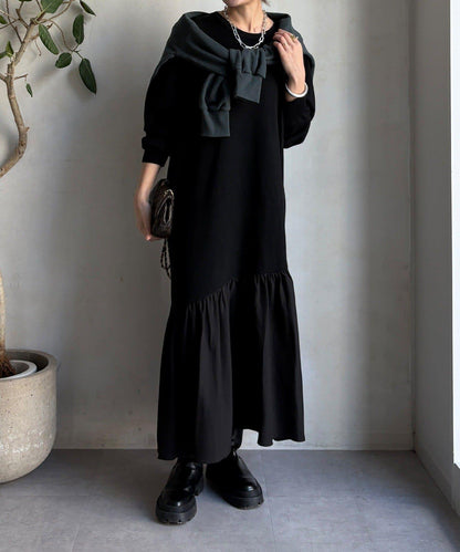 異材質拼接針織連衣裙