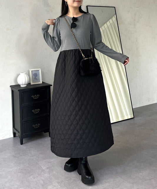 拼接絎縫喇叭連衣裙