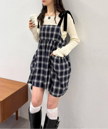 肩帶蝴蝶結格紋吊帶連衣裙