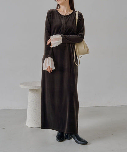 【有小個子尺碼】喇叭袖天鵝絨連衣裙