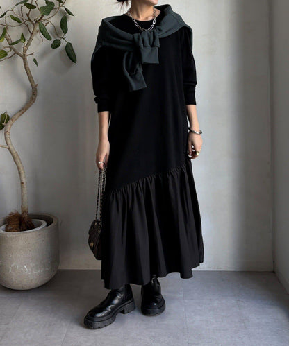 異材質拼接針織連衣裙