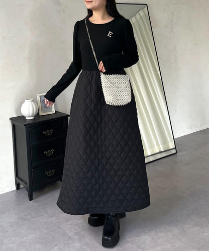 拼接絎縫喇叭連衣裙