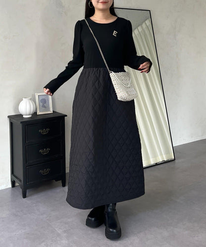 拼接絎縫喇叭連衣裙