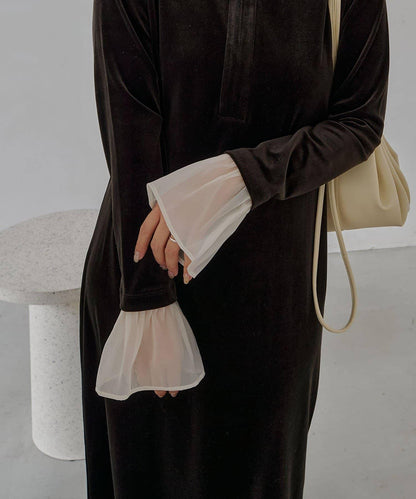 【有小個子尺碼】喇叭袖天鵝絨連衣裙