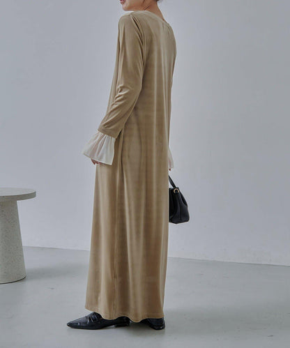 【有小個子尺碼】喇叭袖天鵝絨連衣裙