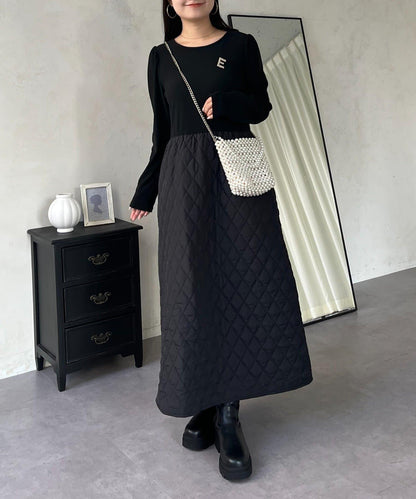 拼接絎縫喇叭連衣裙