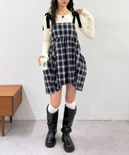 肩帶蝴蝶結格紋吊帶連衣裙