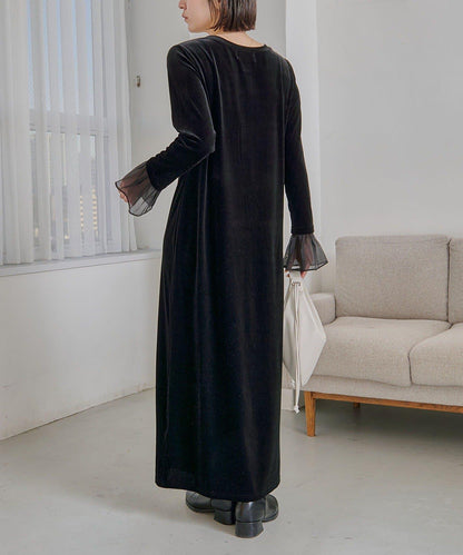 【有小個子尺碼】喇叭袖天鵝絨連衣裙