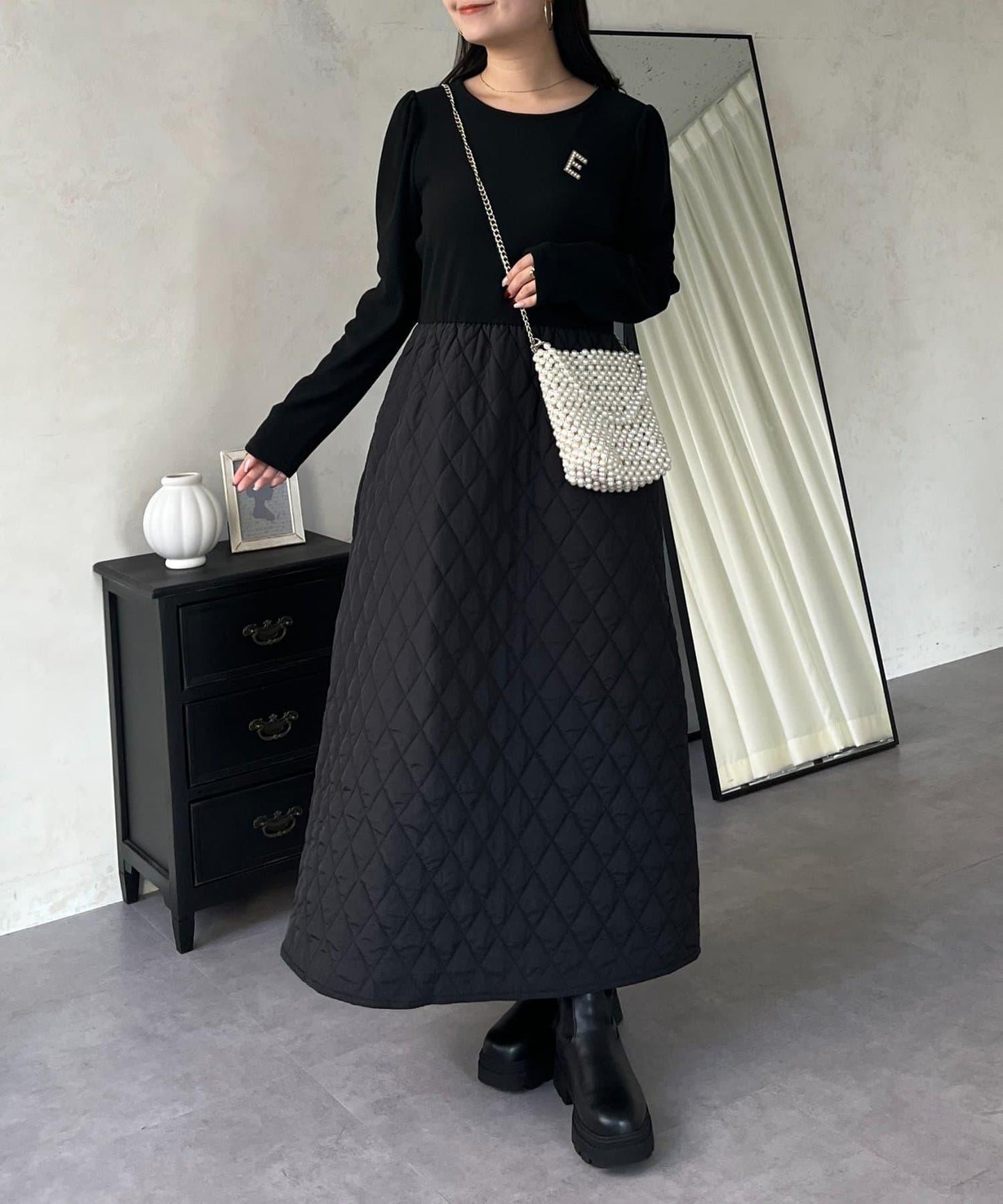 拼接絎縫喇叭連衣裙