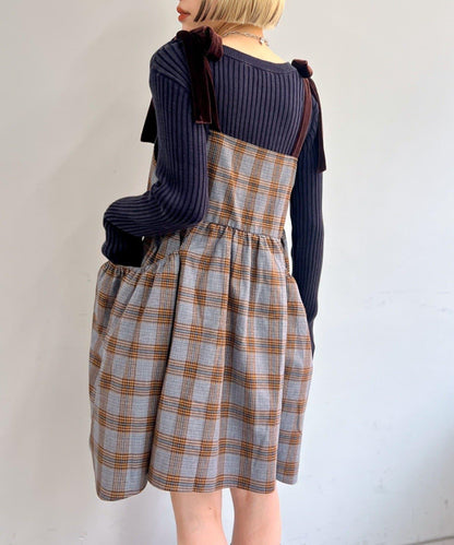 肩帶蝴蝶結格紋吊帶連衣裙