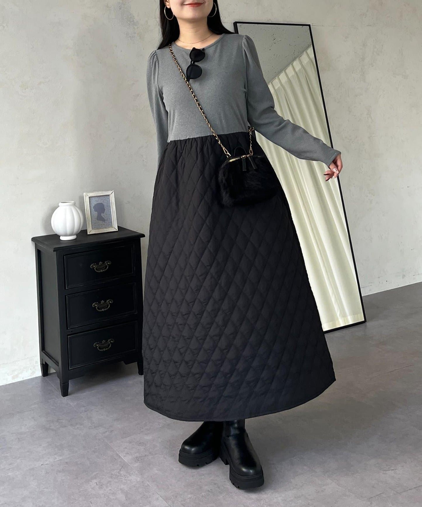 拼接絎縫喇叭連衣裙