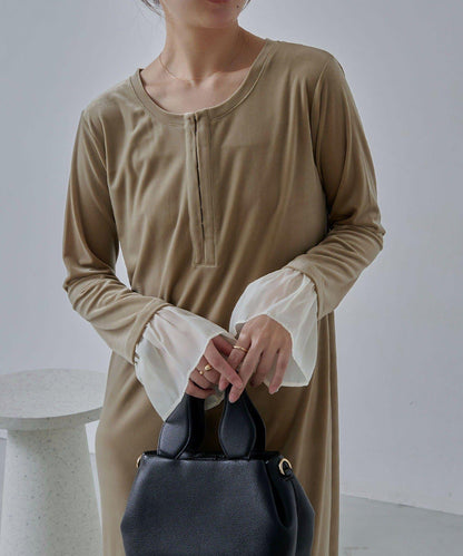 【有小個子尺碼】喇叭袖天鵝絨連衣裙