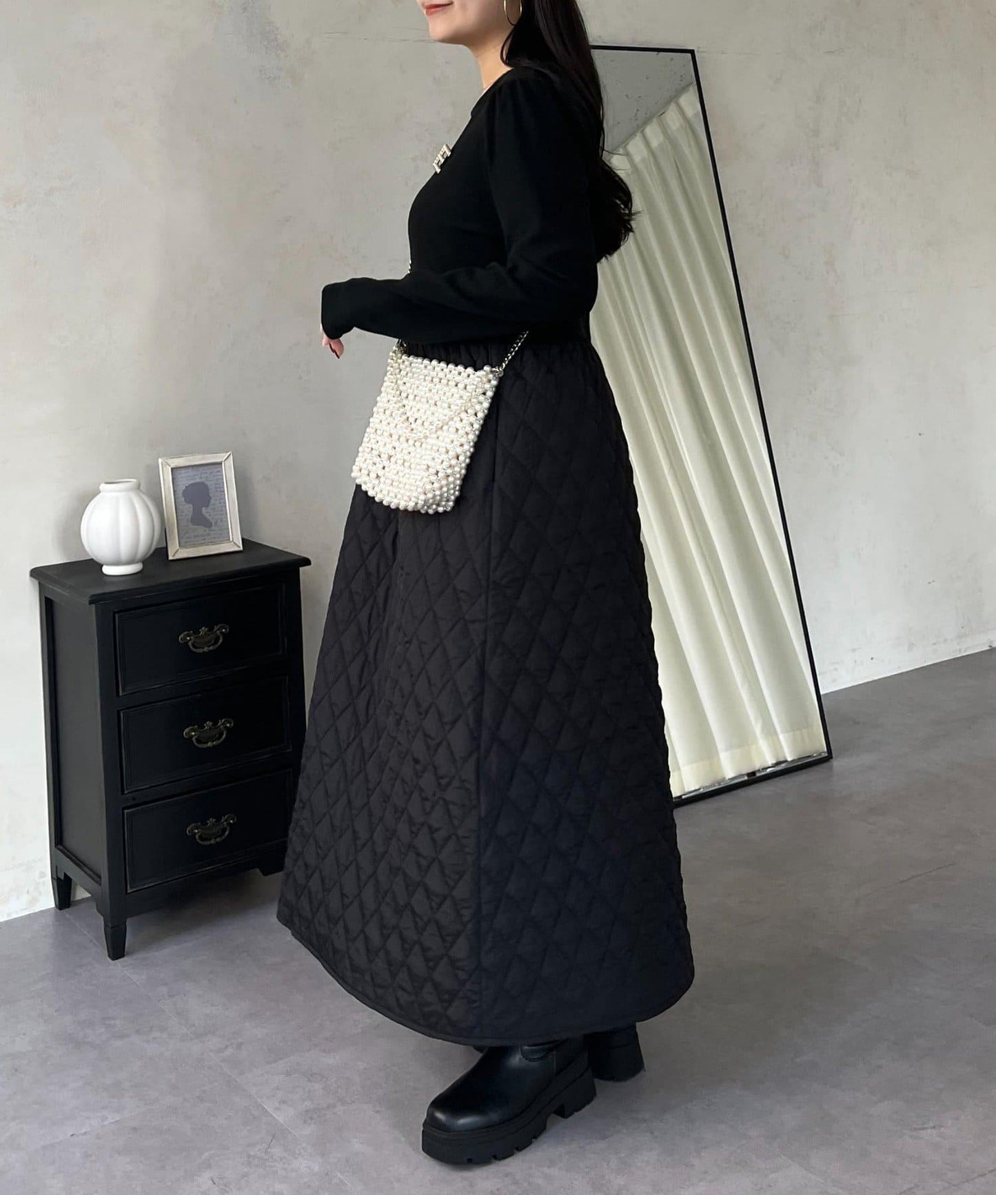 拼接絎縫喇叭連衣裙