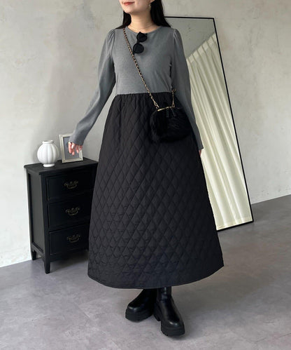 拼接絎縫喇叭連衣裙