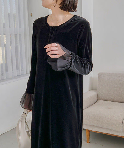 【有小個子尺碼】喇叭袖天鵝絨連衣裙