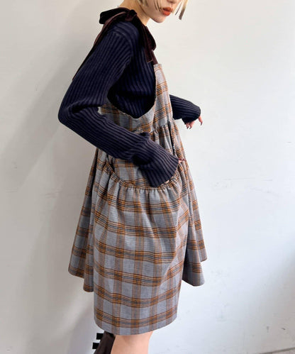 肩帶蝴蝶結格紋吊帶連衣裙