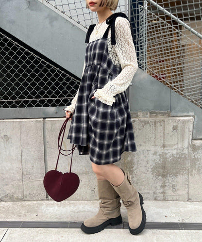 肩帶蝴蝶結格紋吊帶連衣裙