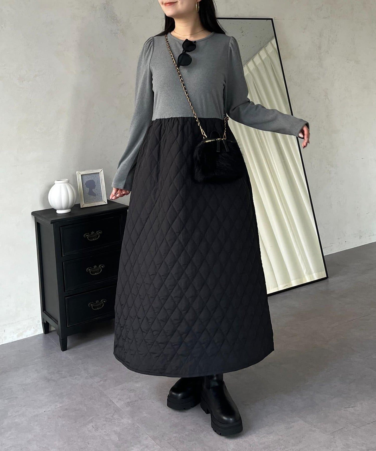 拼接絎縫喇叭連衣裙