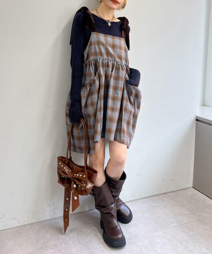 肩帶蝴蝶結格紋吊帶連衣裙