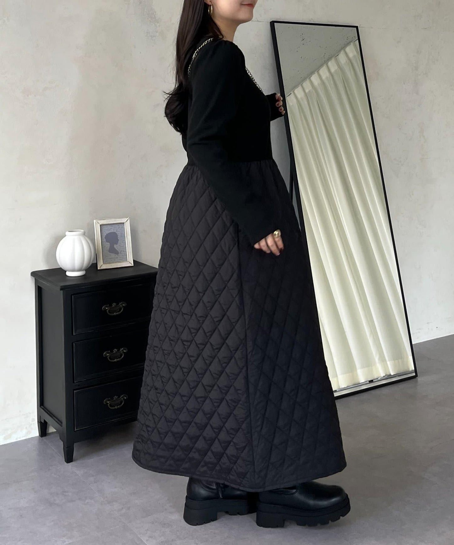 拼接絎縫喇叭連衣裙