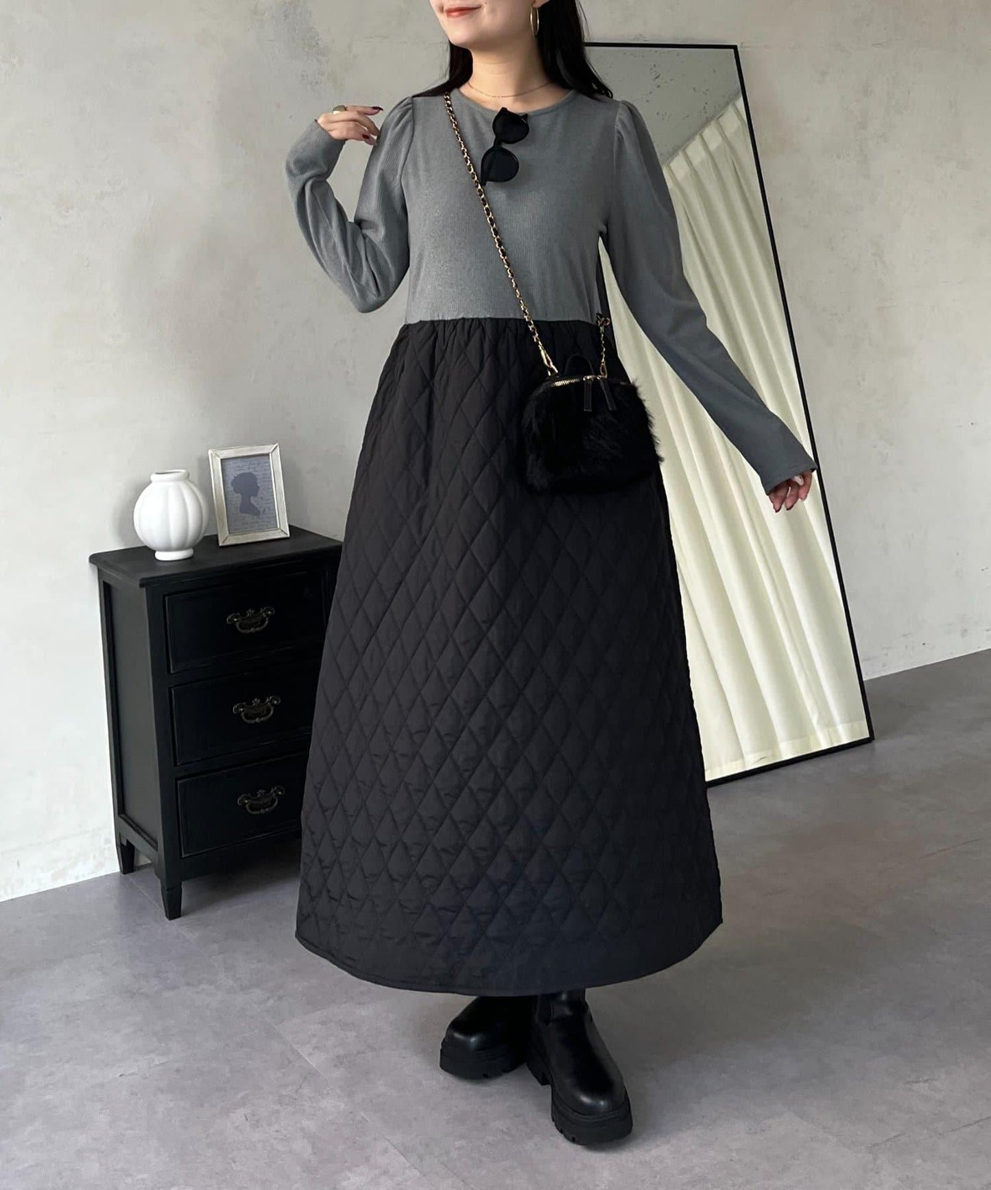 拼接絎縫喇叭連衣裙