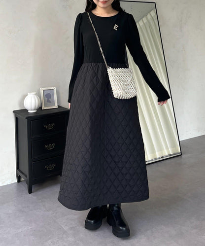 拼接絎縫喇叭連衣裙