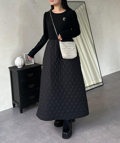 拼接絎縫喇叭連衣裙