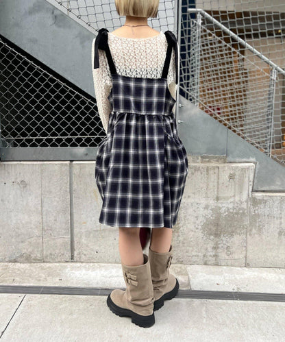 肩帶蝴蝶結格紋吊帶連衣裙