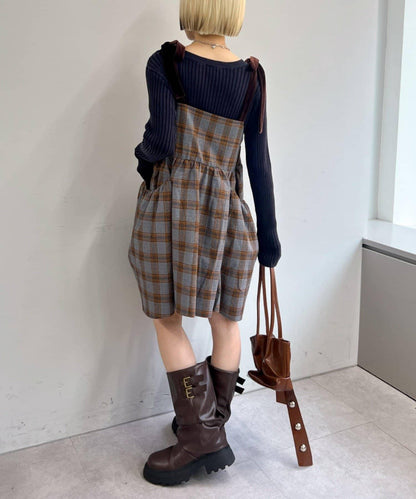 肩帶蝴蝶結格紋吊帶連衣裙