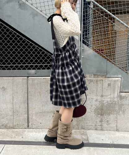 肩帶蝴蝶結格紋吊帶連衣裙