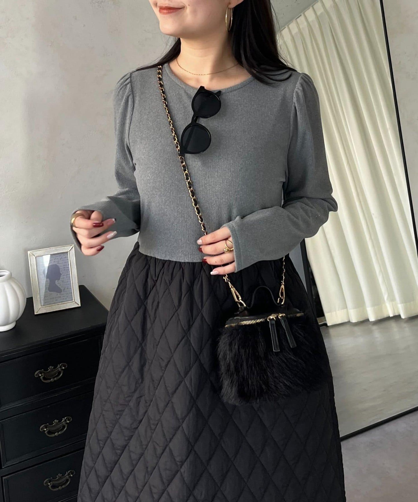 拼接絎縫喇叭連衣裙